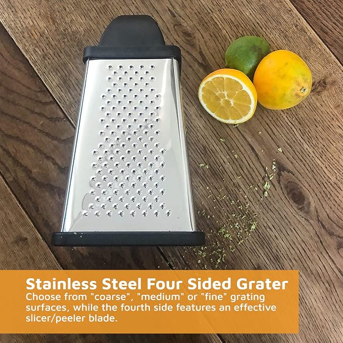 Jean-Patrique Stainless Steel Cheese Grater with Handle - Four-Sided Box, Dishwasher Safe - Pasmesan Cheese Shredder, Citrus Zester