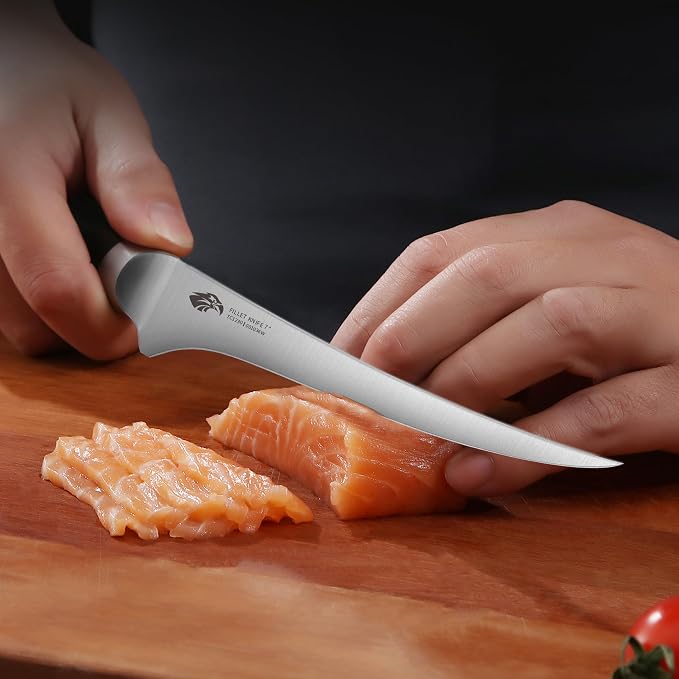 TUO Fillet Knife, 7 Inch Professional Fish Boning Knife for Trimming Meat & Poultry, Flexible Blade, High Carbon German Steel, Full Tang Handle - Black Hawk Series