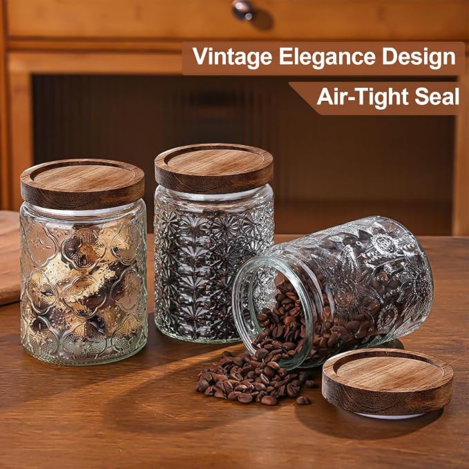 2-Pack 24 OZ Vintage Glass Jar with Lid, Airtight Food Storage Canisters with Bamboo for Kitchen Counter Pantry, Ideal for Coffee, Candy, Tea, Oats, Sugar, Cookies Decorative Jars