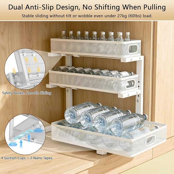 Under Sink Organizer, 2-Pack 3-tier Under Sink Storage Organizer Adjustable Height Easy Assembly Pull Out Cabinet Organizers Basket for Bathroom Kitchen Pantry Home Organization