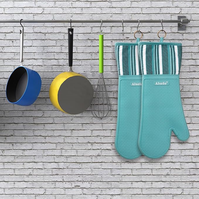 Alselo Silicone Oven Mitts Heat Resistant 550 Degree Extra Long Kitchen Gloves Pot Holders with Waterproof and Non-Silp for Baking Cooking Barbecue Microwave Machine Washable (Extra Long Blue, 2)