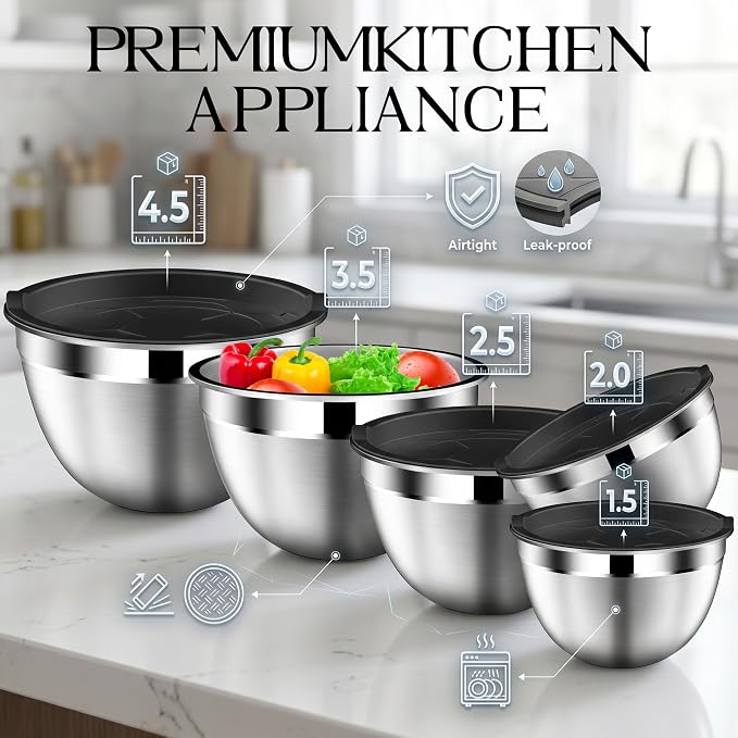 DUTZUN Stainless Steel Mixing Bowls with Airtight Lids Set of 5, Black | Kitchen Appliances Essential Gifts for Mixing, Baking, Prep, Salads, Serving, Cooking