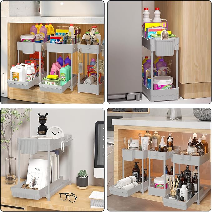 3 Pack Under Sink Organizers, 2-Tier Multi-Use Kitchen and Bathroom Organizers and Storage with Sliding Drawers, Bathroom Cabinet Organizer (Gray, 14.8 Inch) | Multi-use kitchen & bathroom storage, 14.8 inch gray cabinet organizer, space-saving sliding...