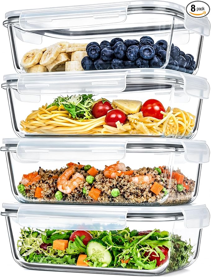 GEHE 4 Pack 52oz Glass Food Storage Containers with Lids, Large Glass Storage Containers with Airtight Lids, Meal Prep Container for Storing & Serving, Leak Proof, BPA Free, Microwave/Oven Safe