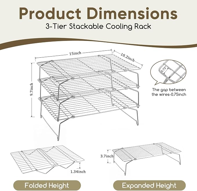 Herogo 15" x 10" Cooling Rack, 3-Tier Stainless Steel Baking Rack for Cookies, Cupcakes, and Pastries, Collapsible Space-Saving Design, Dishwasher Safe, Ideal for Baking, Roasting, and Drying