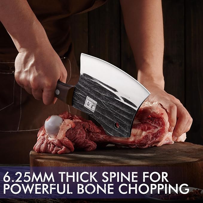 ENOKING 5.7" Bone Cleaver Knife, Heavy-Duty Butcher Knife with Full Tang Hand-Forged Blade, Meat & Bone Chopper with Leather Sheath for Kitchen