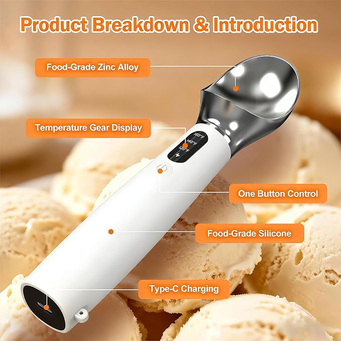 Heated Ice Cream Scoop - 3 Temp Settings Electric Warming Scooper, Rechargeable USB-C Fast Charge with LED Display, IP67 Waterproof Head for Hard Ice Cream/Gelato, Easy to Clean - White
