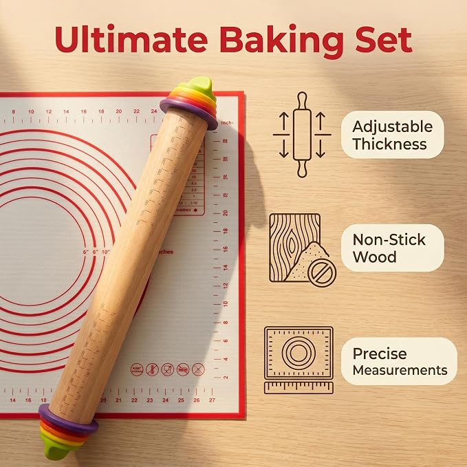 Adjustable Rolling Pin with Thickness Rings & Silicone Baking Mat, 13.78" Dough Roller with 4 Multicolored Rings,Wooden Rolling Pins for Baking, Bread, Pizza Doughs-Home Baking Gift