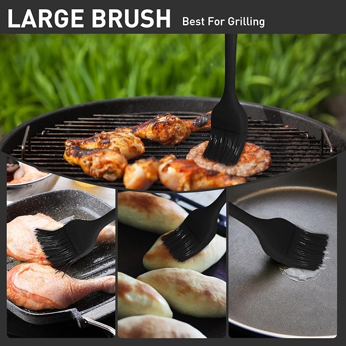 Begonia Silicone BBQ Sauce Brush, Black, 2pcs 10+8 inch Food Brush | Basting Pastry Brush for Heat Resistant, For Oil, Sauce, Butter, BBQ, Grill and Marinade, BPA Free, Dishwasher Safe (Blk)