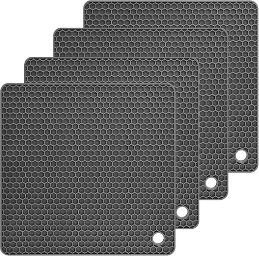 Silicone Trivets Mats, Silicone Hot Pads for Pot Holder, Square Trivets for Hot Dishes, Pots and Pans, Multipurpose Hot Pads for Kitchen Counter, Non Slip Heat Resistant Mats Set 4 Dark Grey