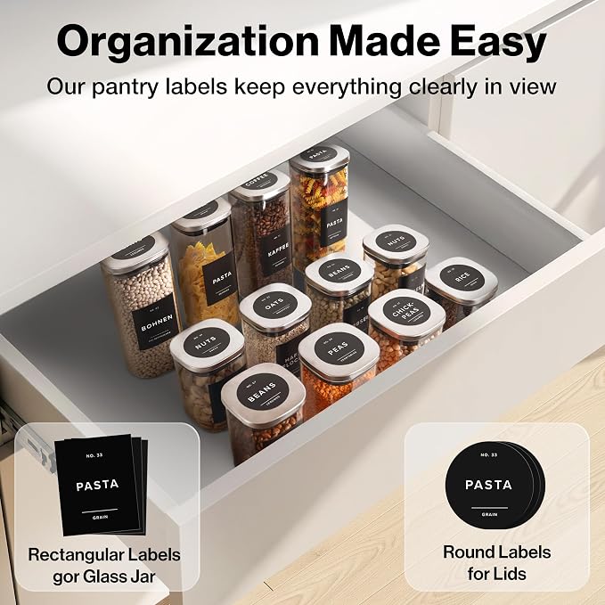 Glass Pantry Storage Jars Containers with Stainless Steel Lids and Labels | 12 Pack Extra Thick Square Glass Canisters with Stainless Steel Lids and Pantry Labels keeps Goods Fresh & Organized
