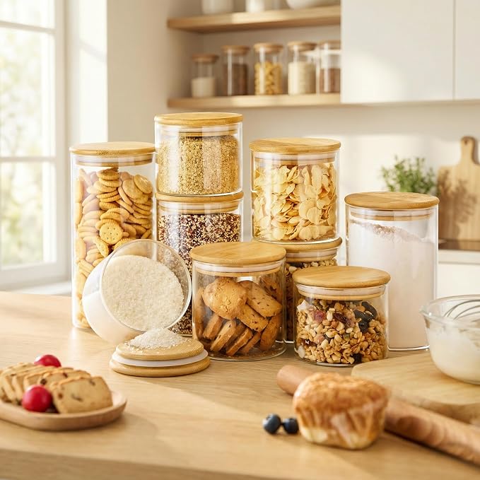 32 oz & 21 oz Round Glass Food Storage Containers with Bamboo Lids, 4 Pack | Airtight Pantry Jar for Flour, Sugar & Rice, Durable Borosilicate Glass Canisters Keep Food Dry & Fresh, Easy to Fill & Clean
