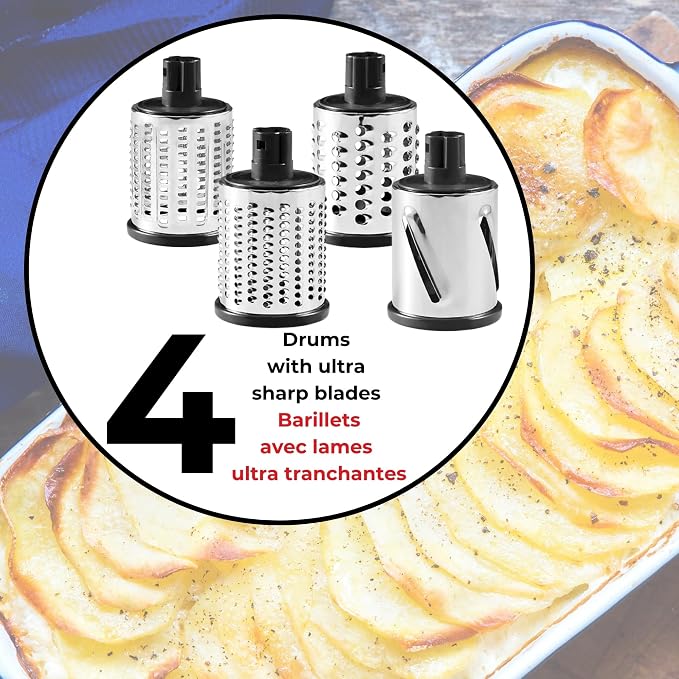 Starfrit Rotary Drum Grater, 4 Stainless Steel Drums, Slicer & Grater | 4 stainless steel drums. Slice, grate and shave ice. Easy hand crank. Strong suction base. Easy to clean.