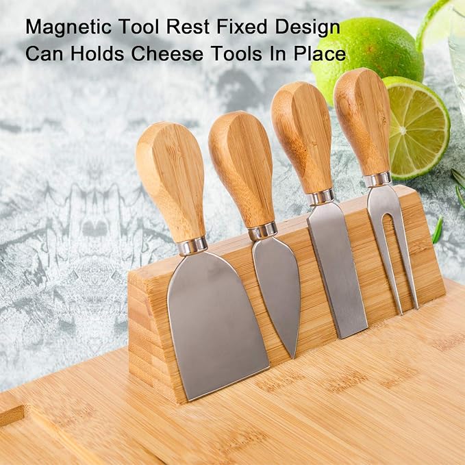M MH ZONE Bamboo Cheese Board Set (Upgrade Type 16" x 13") Charcuterie Board with 4 Specialist Stainless Steel Knife and Ceramic Dish, Perfect Christmas Gifts for Family, Friend or Lover