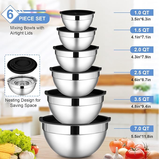 LIANYU Mixing Bowls with Lid Set of 6, Large Size 7, 3.5, 2.5, 2, 1.5, 1QT | Stainless Steel Kitchen Nesting Metal Bowl Sets, Ideal for Baking Cooking Serving Food Storage, Dishwasher Safe, Black