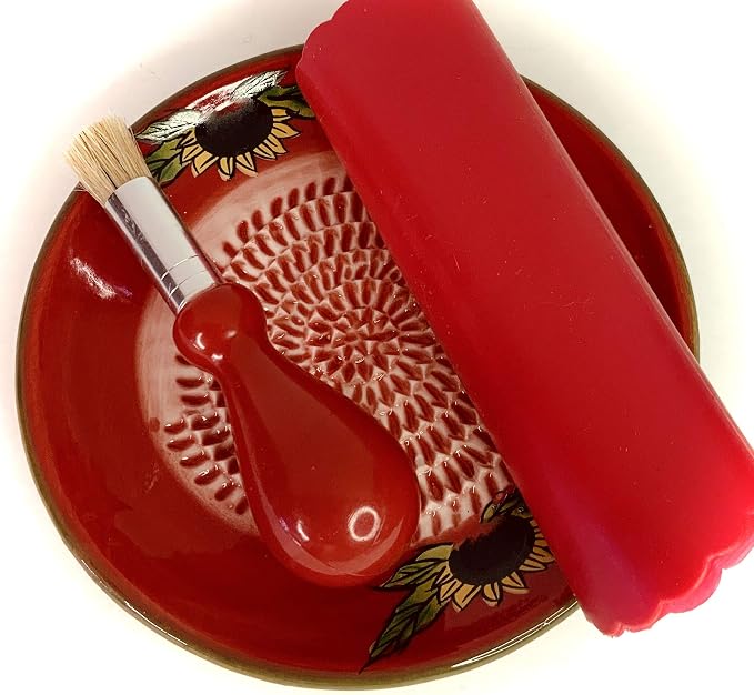 BonCera, All-in-one Premium Ceramic Garlic Grater Plate 4-Piece Set - Red Sunflower Design, Classic Style - For Garlic, Ginger, Chocolate, and more! - Comes with 5.25" Plate, Peeler, Brush, and Stand