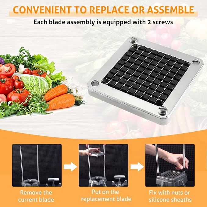 WICHEMI Replacement Chopper Blade 3/8" Commercial Vegetable Chopper Blades Stainless Steel Onion Chopper Dicer Blade and Pusher Block for Fruit Cutting Machine Tomato French Fries Cutter