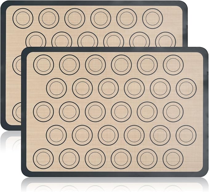 Luckyiren Macaron Silicone Baking Mats, 2 Pack Half Sheet Set, Gray/Beige | Two 16.54 x 11.62 in macaron silicone baking mats feature circles for evenly sized macarons; nonstick half sheet liners.