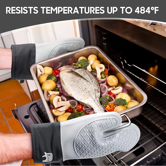Oven Mitts and Pot Holders Sets for Kitchen, 2 Pack Extra Long Heat Resistant Silicone Oven Mitt Heat Resistant 500°F with Soft Cotton Lining for BBQ, Baking and Cooking