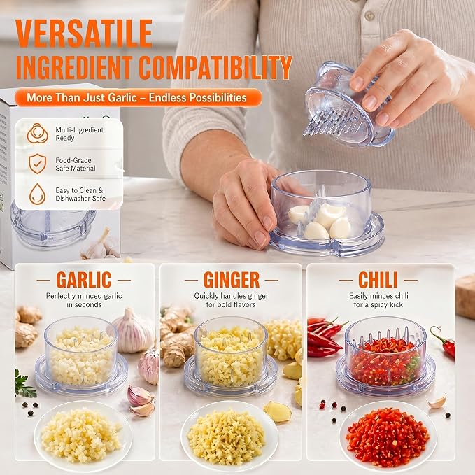 Li&Zhao Effortless Twist-to-Mince Garlic Crusher-Manual Garlic Twister Quick Rotary Action for Garlic Ginger Chili, Includes 2 Silicone Peelers, Easy Use Dishwasher Safe (Transparent)