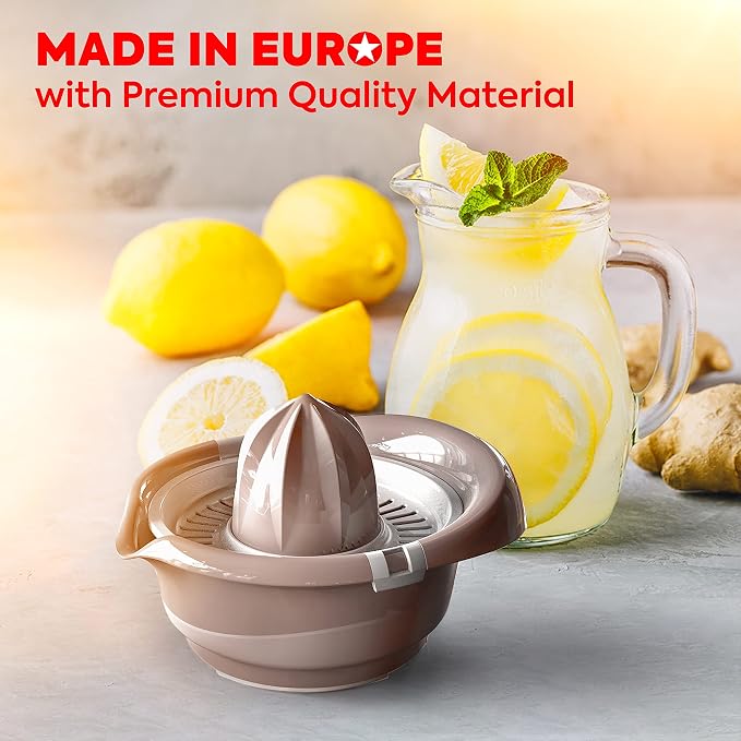 Mueller Citrus Lemon Orange Juicer, Hand Squeezer Rotation Press, Manual Juicer with Easy Pour Spout, European Made, Dishwasher Safe, Mocha