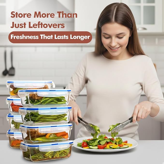 Razab 16 Pc (Set of 8) 30 Oz Glass Meal Prep Containers with Lids, Airtight Large Glass Food Storage Containers, Reusable Leak Proof BPA Free, Freezer to Oven and Dishwasher Safe