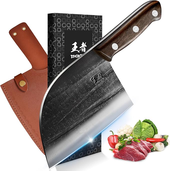ENOKING 6.7" Serbian Chef Knife, Full Tang Vegetable Meat Cleaver for Kitchen, High-Carbon Stainless Steel Blade with Wooden Handle, Multipurpose Chopper Knife with Sheath & Gift Box