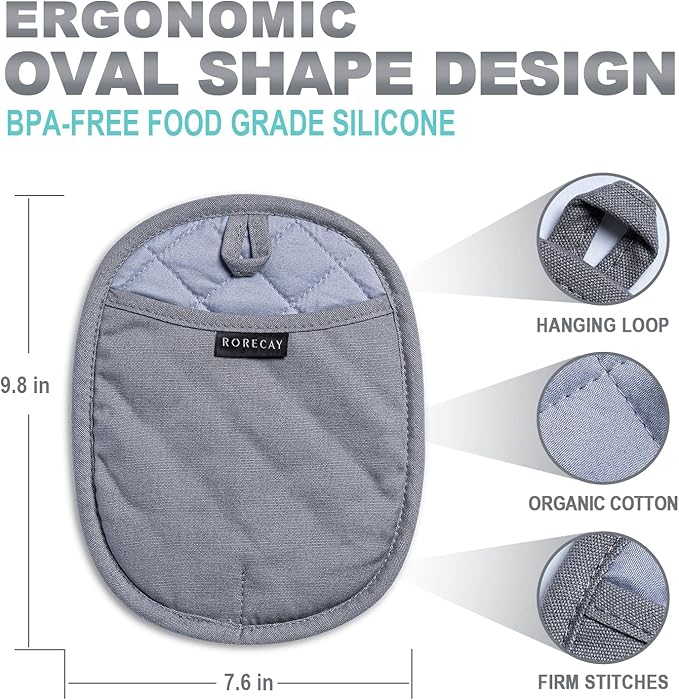 RORECAY 2-Pack Silicone Pot Holders for Kitchen, Hot Pads with Pocket, Gray | Heat Resistant up to 500°F, Quilted Cotton Potholders, Non-Slip & Waterproof Trivets for Hot Pots, Pans, and Countertops