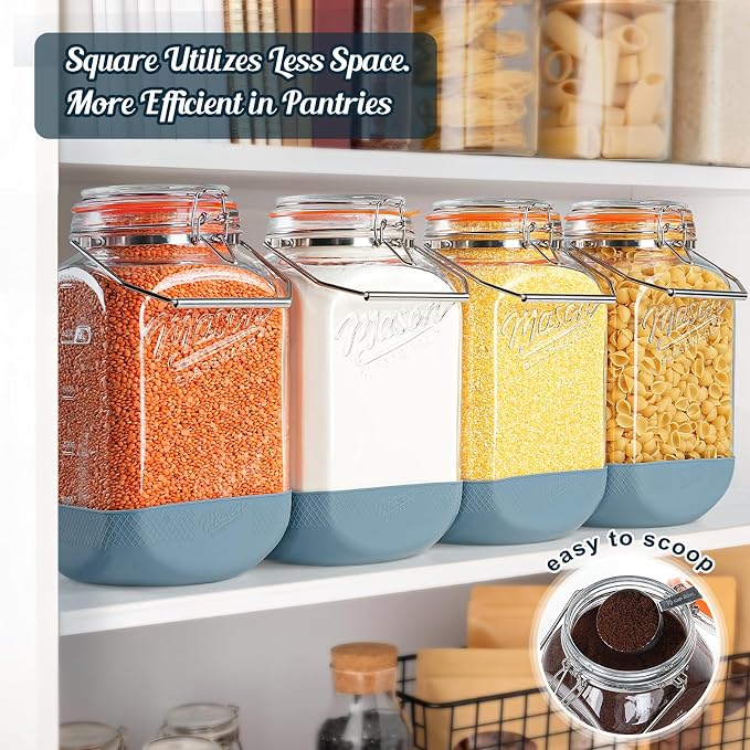 Square 1.5 Gallon Glass Jar with Airtight Lid & Handle, 2 Pack | Large Mason Jars Wide Mouth with Hinged Lid, Glass Storage Containers w Non-slip Base for Pantry, Laundry Room, Flour, Rice