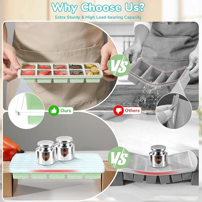 Doasuwish Ice Cube Trays for Freezer with Lids, 2-Tbsp 10-Cube Square & Heart Ice Trays, Covered Ice Molds for Iced Coffee & Cocktails, Freeze 30mL/15mL Portions -2 Pack