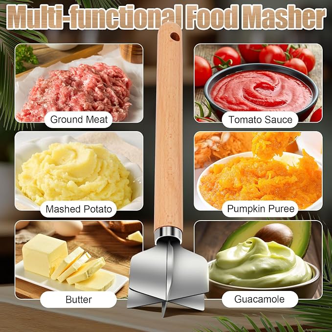 304 Stainless Steel Meat Chopper, 6-Blade Heavy Duty Ground Beef Meat Masher, 11 Inch Food Grade Hamburger Smasher Metal Kitchen Tool for Vegetable Puree Cooking