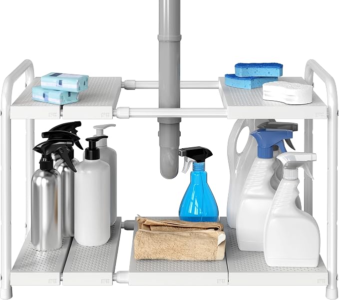 Simple Houseware Under Sink 2-Tier Heavy Duty Expandable Organizer, White | Adjustable Width 15.75–25 Inches with 4 Shelf Height Levels
