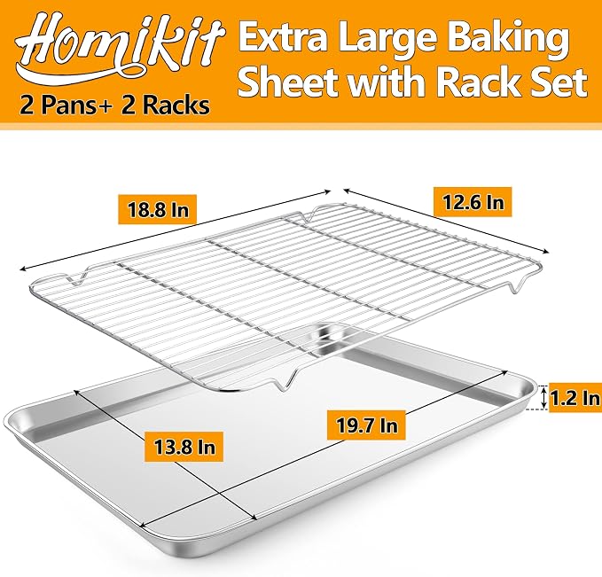 Homikit Large Baking Sheet with Wire Cooling Rack Set (2 Pans+2 Racks) | 20x14 Inch XL Stainless Steel Cookie Sheets & Cooling Racks, Big Metal Bacon Crisp Trays Non Toxic, Oven & Dishwasher Safe