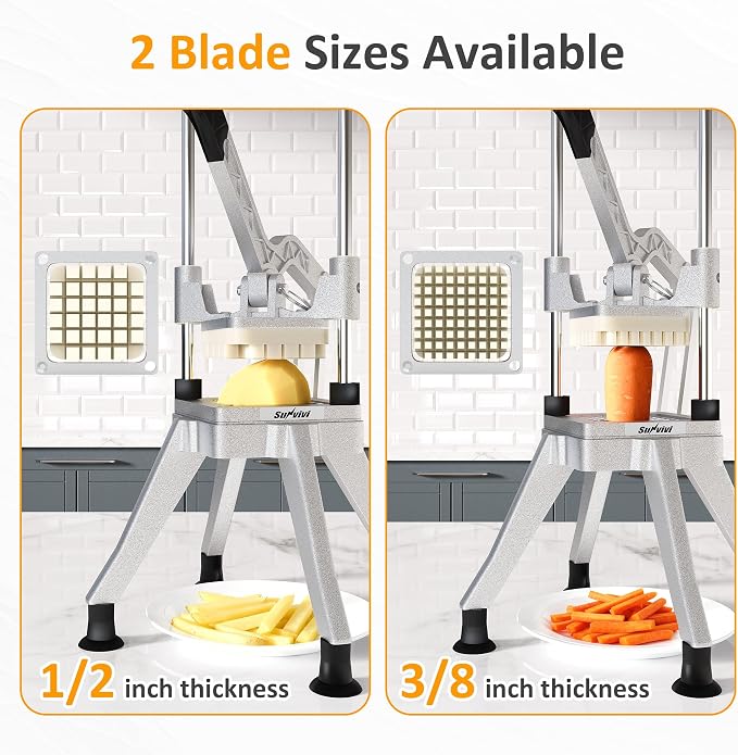 Sunvivi Commercial French Fry Cutter, Heavy Duty Potato Slicer with 2 Replaceable blades (1/2 & 3/8 Inch), Professional Fries Cutter for Potatoes, Carrots, Cucumber, Onion, Yam, Stainless Steel