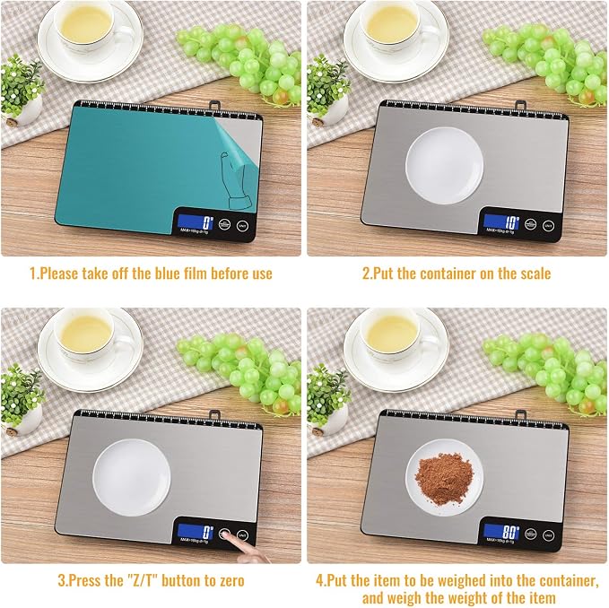 Diyife 33lb Digital Kitchen Scale with Large Weighing Area (9 in) | Professional Food Scale, Stainless Steel Household Scale, Touch Control, LCD Display, Hangable, 6 Units, Tare, with Batteries