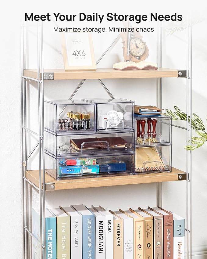 Vtopmart Clear Stackable Storage Drawers Set of 5, Plastic Organizer Bins | Multi-purpose Boxes for Bathroom Accessories, Beauty Supplies, Ideal for Cabinet, Shelf, Pantry, Laundry Room Organization
