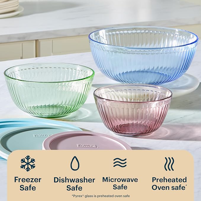Pyrex Colors (3-Pack) Sculpted Tinted Glass Mixing Bowls with Plastic Lids