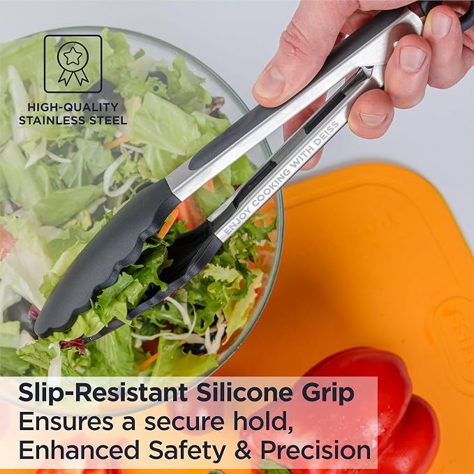 Deiss PRO Cooking Tongs with Silicone Tips - Kitchen Tongs for Cooking, BBQ, Air Fryer - Heat Resistant Silicone Tipped Tongs, Silicone Tongs for Nonstick Cookware - Pull Lock, Set of 2, 9'' and 12''