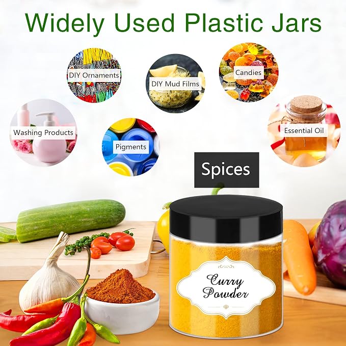 PeacePeo 6 OZ Plastic Jars with Lids,48 Pcs Round Containers for Slime | Wide-Mouth Storage Jars with Black Screw on Airtight Lids, Empty Refillable, Save-Sapce, for Travel Kitchen Food Storage