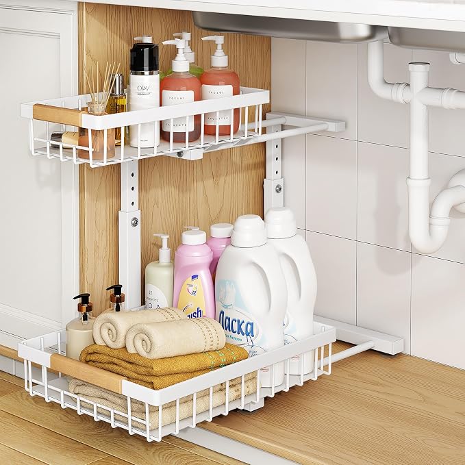 PXRACK Under Sink Organizer, Adjustable Height, 2 Tier Pull Out Under Cabinet Organizer, Slide Out Thickened Metal Under Sink Storage for Kitchen Bathroom Laundry Pantry Cabinet, White, Small-1-Pack