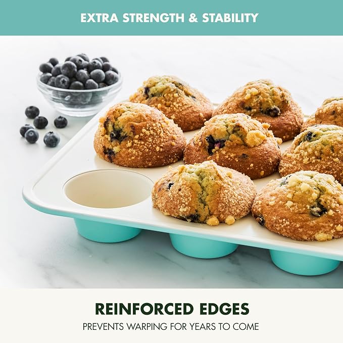 GreenPan Bakewell 12-Cup Muffin Pan, Healthy Ceramic Nonstick Bakeware, PFAS-Free Cupcake Mold, Durable Baking Tray, Versatile Kitchen Essentials, Easy Clean Ovenware, Turquoise