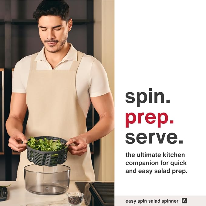 Zyliss Easy Spin Salad Spinner Small, Non-Slip Base, Serving Bowl, AquaVent™ Technology, Retractable Cord and Brake System, Easy to Clean
