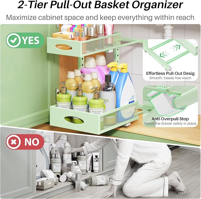 Under Sink Organizer, 2-Pack Pull Out Cabinet Organizer 2 Tier Metal Slide Out Storage Shelf Rack, L-Shaped Adjustable Height,Mesh Sliding Drawer for Kitchen, Bathroom, Laundry, Pantry, Green, XL