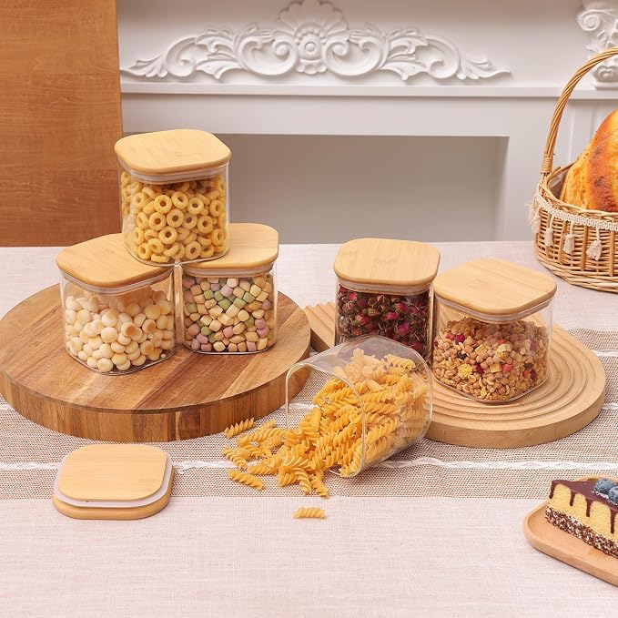 6pcs Glass Food Storage Containers with Bamboo Lids, 0.6qt Glass Jars | Square Airtight Pantry Storage Jars for Flour, Sugar, Dry Goods