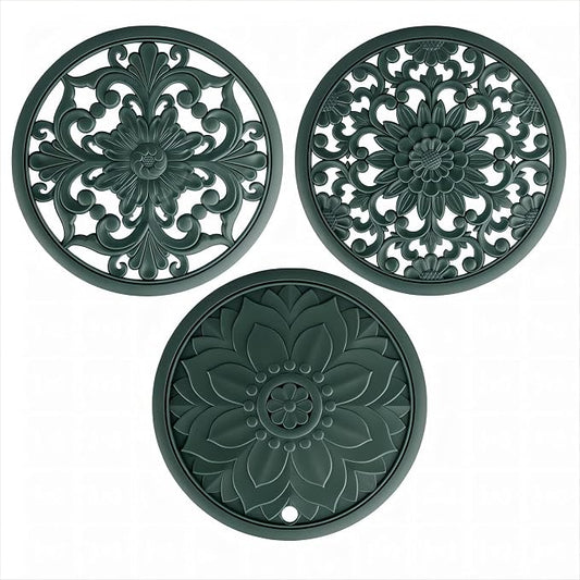 Silicone Trivets - Silicon Mats for Hot Pots and Pans, Multi-Use Carved Hot Pads, Flexible Modern Kitchen Table Mat, Heat Resistant Round Teapot Coaster Set of 3 Green
