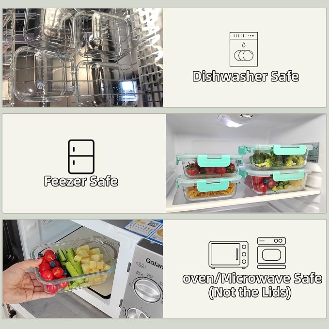 12 Pack Glass Storage Containers with Lids, Leak-Proof Meal Prep Containers, Dishwasher/Microwave/Oven/Freezer Safe Glass Food Storage Containers for Leftovers, to Go