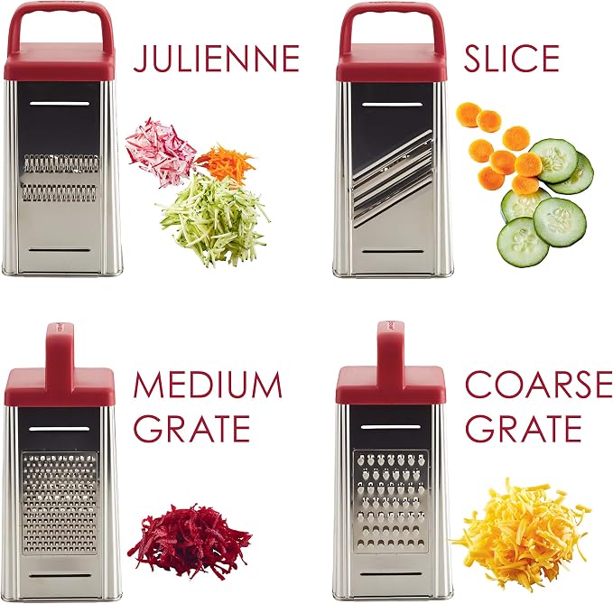 Rachael Ray Tools and Gadgets Stainless Steel Box Grater for Vegetables, Chocolate, Hard Cheeses, and more, Red(9.43 x 8.84 x 8.06 inches)