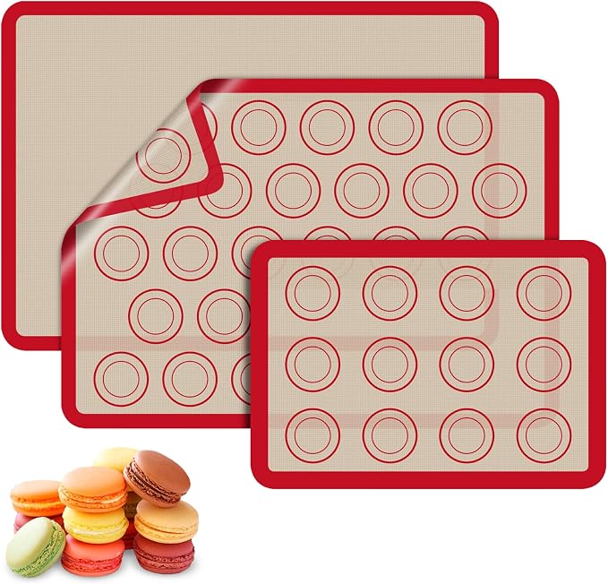 Macaron Silicone Baking Mats, Nonstick & Reusable, 3 PCS | 2 Half Sheets and 1 Quarter Sheet Mat, Easy to Clean, Silicone Macaroon Mat for Cookie, Red