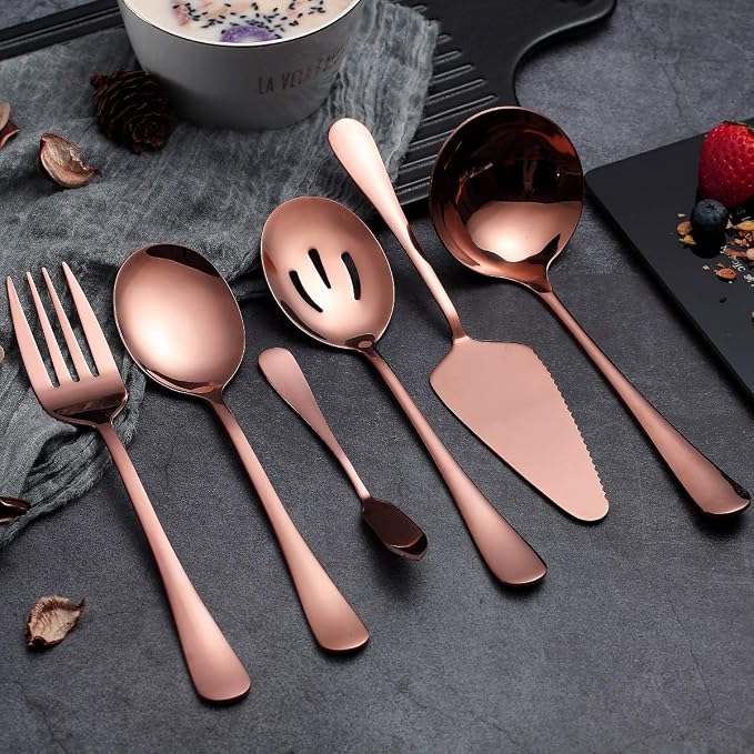 6-Piece Copper Serving Flatware Silverware Set,Stainless Steel Serving Utensil Set,Include Cake Server, Slotted Serving Spoon, Serving Spoon, Cold Meat Fork, Butter Knife, Soup Ladle