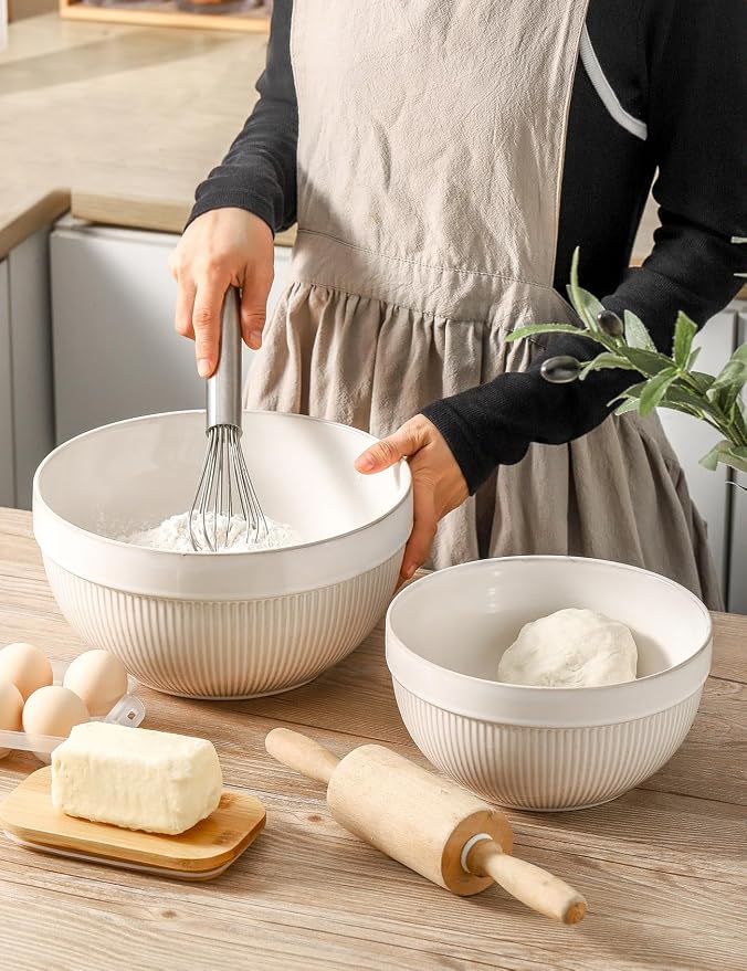 Ceramic Large Glazed White Stripe Mixing Bowls for Kitchen, Set of 2 Big Serving Bowls for Cooking, Popcorn, Salad, Soup, Baking, Dough Bread Making Bowl, 10 inch + 8 inch